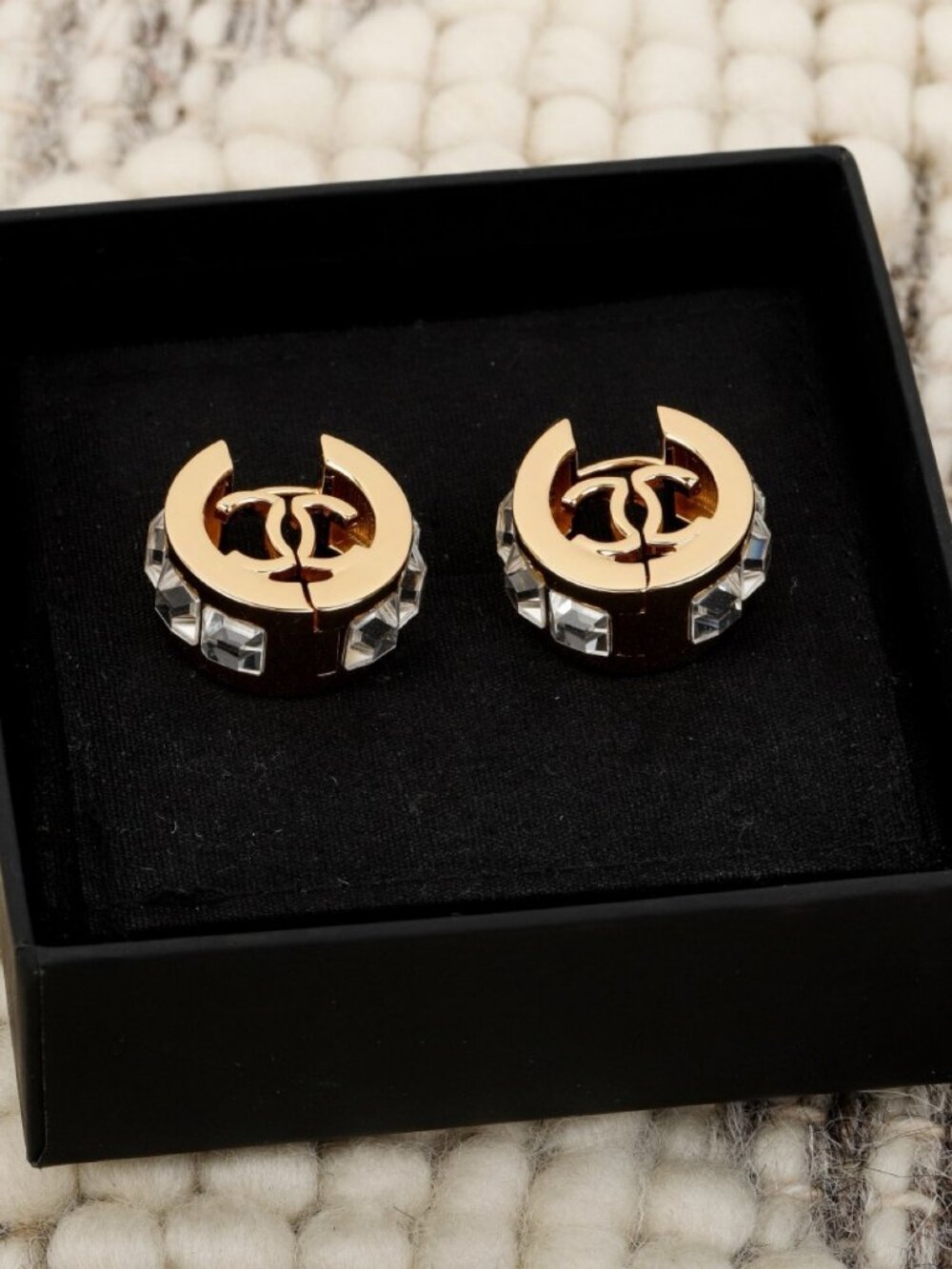 Chanel Gold-Tone Crescent CC Crystal Stud Earrings